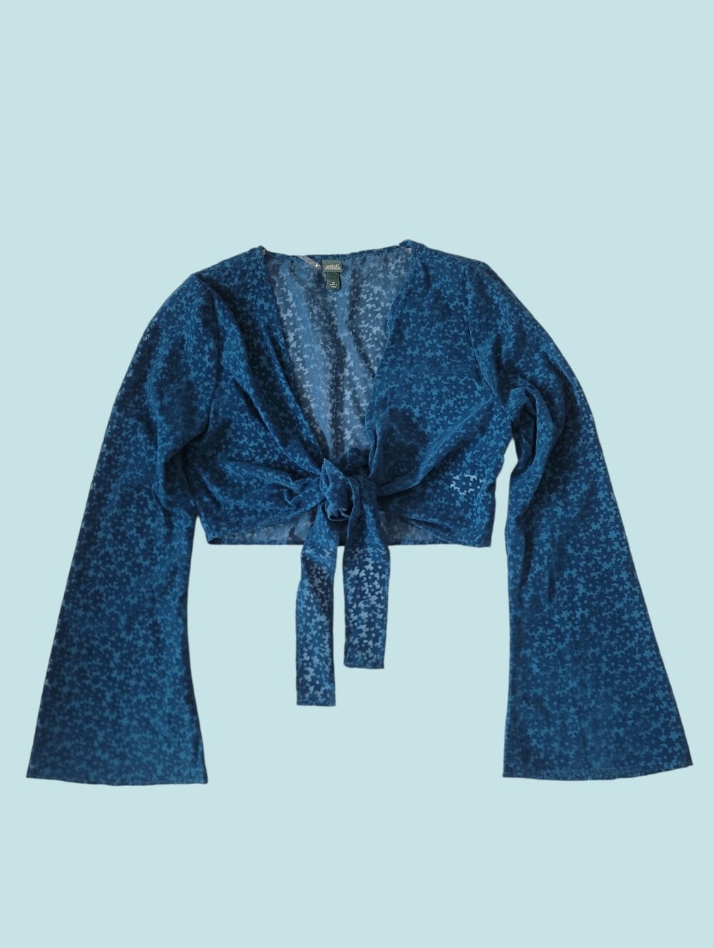 Blue Velvet Burnout Floral Flare Bell Sleeve Tie Front Crop Top Hippie Boho XS